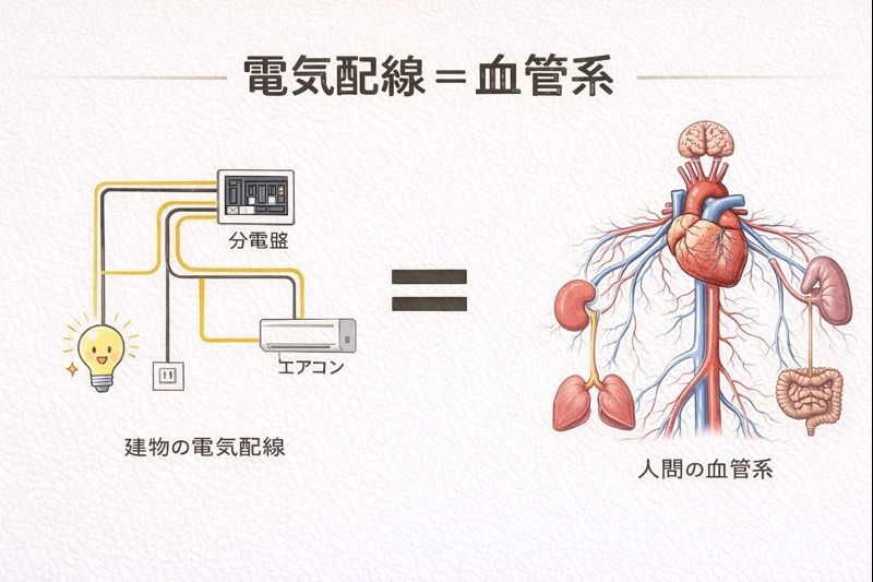 雑感　電気配線と血管系の相同性について　― 建物も人間も「通り道」が命 ―