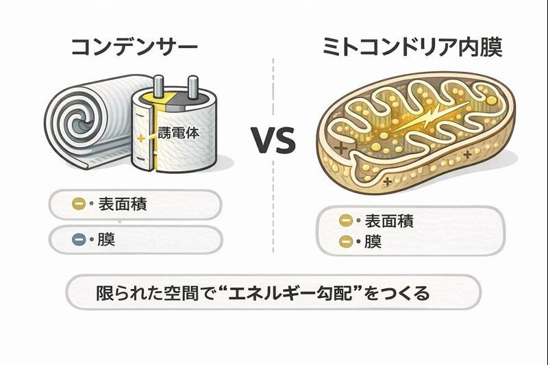 雑感　コンデンサーとミトコンドリア内膜の構造的類似性  ―なぜ「折りたたみ」と「膜」が重要なのか―